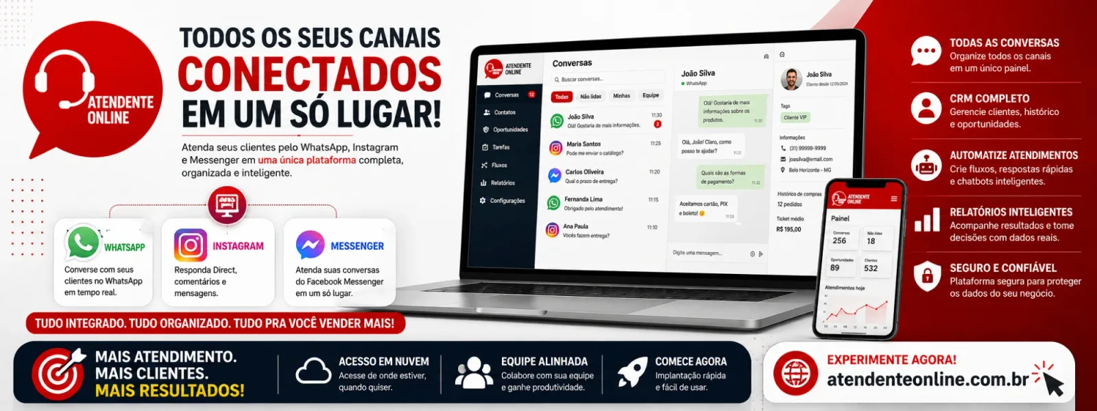 Atendente Online: todos os seus canais conectados em um só lugar — atenda seus clientes pelo WhatsApp, Instagram e Messenger em uma única plataforma